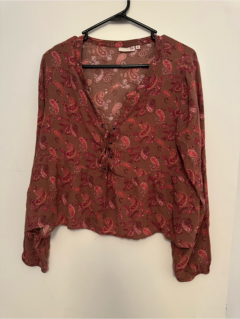 SO Paisley Lace-Up Blouse in Brown & Pink
